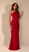 Cherry Red Halter Low Back Maxi Dress