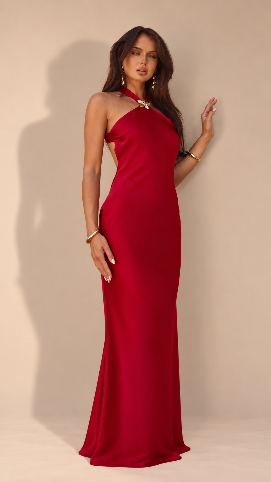 Cherry Red Halter Low Back Maxi Dress