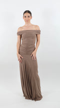 Capuccino Glow Off-Shoulder Maxi Dress