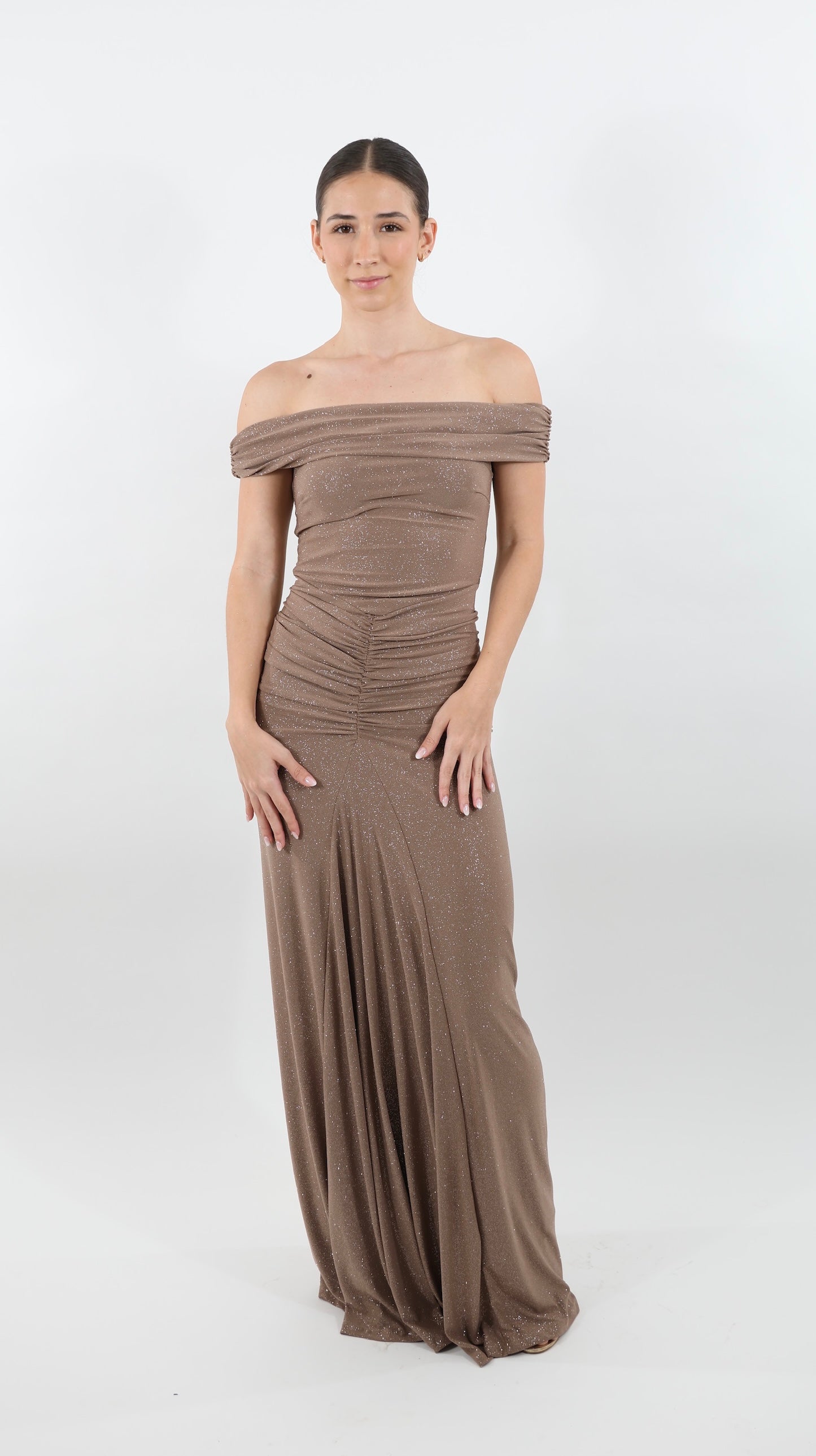 Capuccino Glow Off-Shoulder Maxi Dress