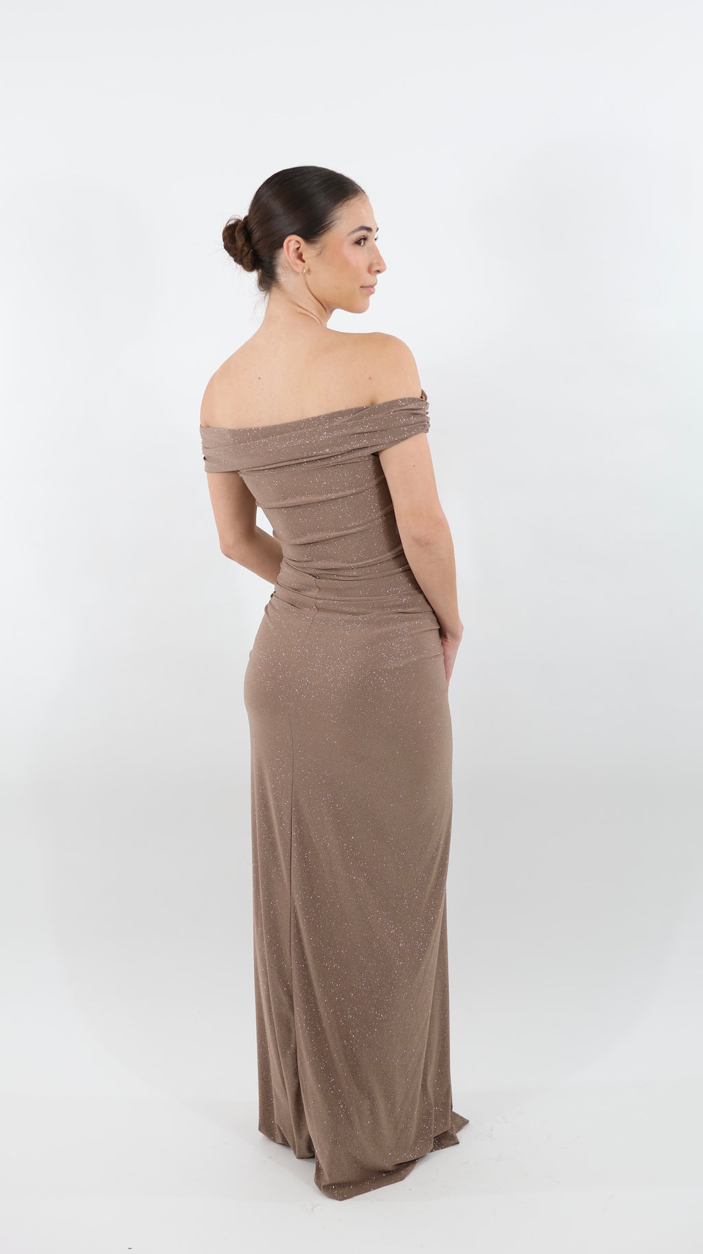 Capuccino Glow Off-Shoulder Maxi Dress