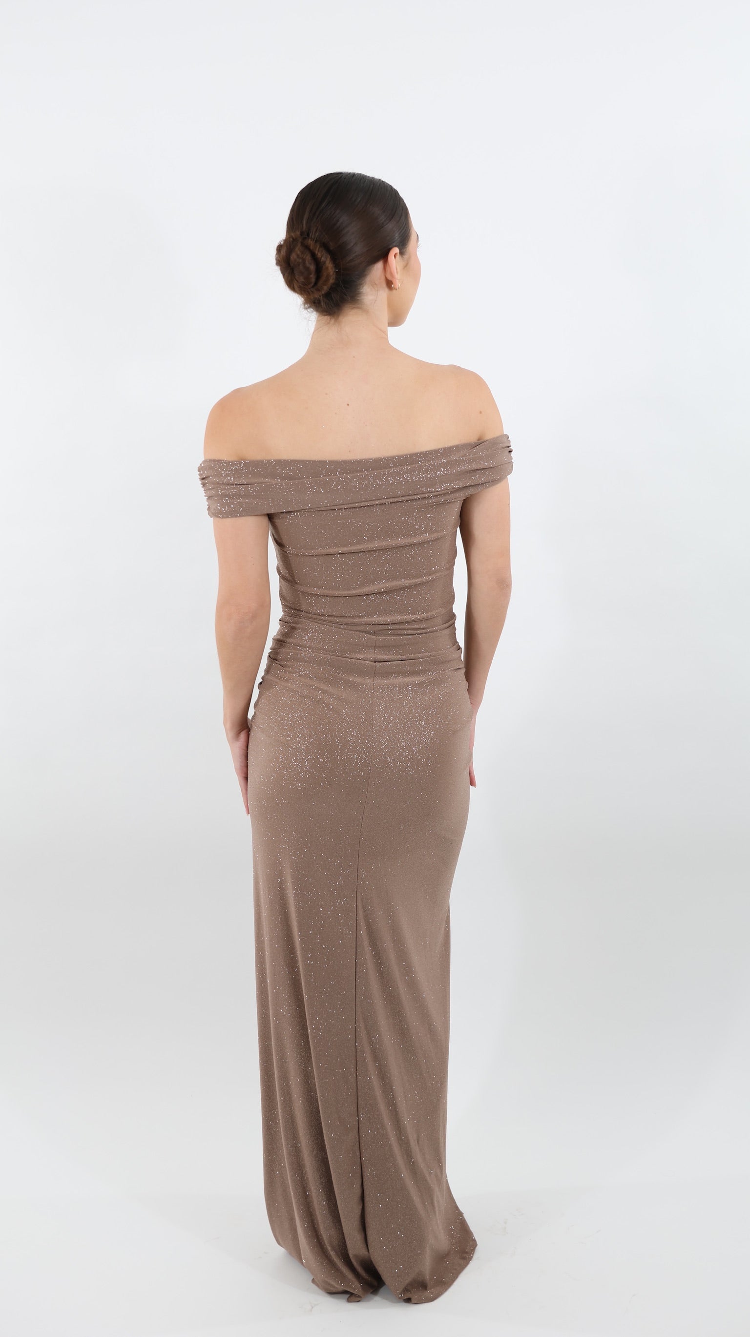 Capuccino Glow Off-Shoulder Maxi Dress